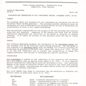 Evaluation and Introduction of Soil Consistency Testing, Atterberg Limits, to FSL, 1989 (Forest Science Laboratory - Productivity Group TM-89-6)
