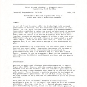 NCSU Hardwood Research Cooperative's Study 56: Growth and Yield of Plantation Hardwoods, 1994 (TM-94-14)