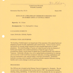 Central Research Center - Information Sheet No. CE-23 - Results of a Preliminary Herbicide Screening Test on Hybrid Aspen at Central Forest, 2001