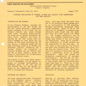 Charlottesville Research Center - Research Information Sheet No. CH-2 - Nitrogen Application to Thinned 15-Year Old Loblolly Pine Plantations 4th Year Results, 1979