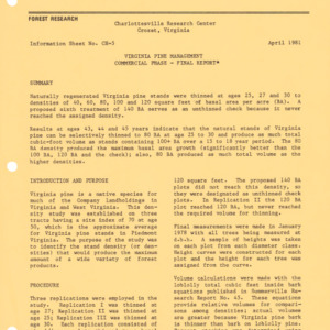 Charlottesville Research Center - Information Sheet No. CH-5 - Virginia Pine Management Commercial Phase - Final Report, 1981