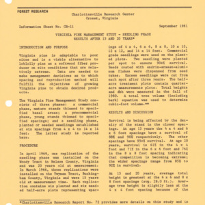 Charlottesville Research Center - Information Sheet No. CH-11 - Virginia Pine Management Study - Seedling Phase Results After 15 and 20 Years, 1981
