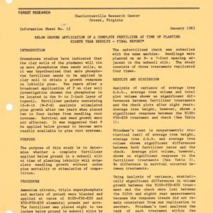 Charlottesville Research Center - Information Sheet No. CH-12 - Below Ground Application of a Complete Fertilizer at Time of Planting Eighth Year Results - Final Report, 1982