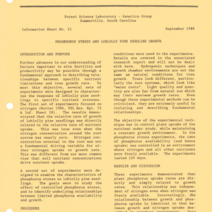 Forest Science Laboratory - Information Sheet No. 21 - Phosphorus Stress and Loblolly Pine Seedling Growth, 1988