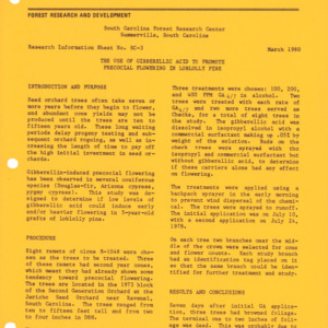 The Use of Gibberellic Acid to Promote Precocial Flowering in Loblolly Pine, 1980 (South Carolina Research Center - Research Information Sheet No. SC-3)