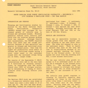 North Carolina State Forest Fertilization Cooperative - Regionwide 9 - 1979 Thinning x Fertilizer Study - Two Year Results, 1981 (South Carolina Research Center - Research Information Sheet No. SC-15)