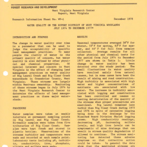 Water Quality on the Rupert Disctrict of West Virginia Woodlands July 1974 to December 1977, 1978 (West Virginia Research Center - Research Information Sheet No. WV-1)