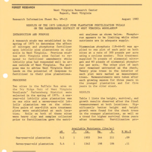 Results of the 1975 Loblolly Pine Plantation Fertilization Trials on the Parkersburg District of West Virginia Woodlands, 1980 (West Virginia Research Center - Research Information Sheet No. WV-15)