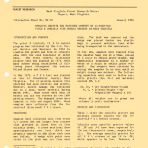 Specific Gravity and Moisture Content of 14-Year-Old Pitch x Loblolly Pine Hybrid Crosses in West Virginia, 1986 ( West Virginia Research Center - Information Sheet No. WV-60)