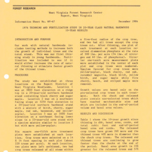 1976 Thinning and Fertilization Study in 20-Year Class Natural Hardwoods 10-Year Results, 1986 (West Virginia Research Center - Information Sheet No. WV-67)