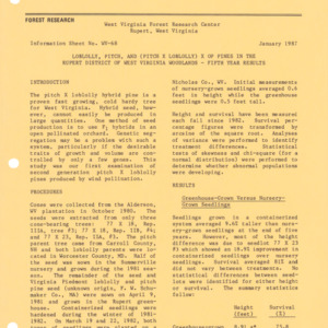 Loblolly, Pitch, and (Pitch x Loblolly) x OP Pines in the Rupert District of West Virginia Woodlands - Fifth Year Results, 1987 (West Virginia Research Center - Information Sheet No. WV-68)