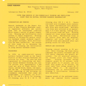 Fifth Year Results of Pre-Commercial Thinning and Fertilizing Eight Year Old Natural Northern Hardwood Regeneration, 1987 (West Virginia Research Center - Information Sheet No. WV-69)