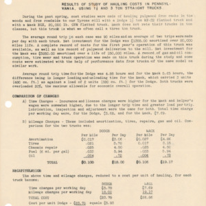 Results of Study of Hauling Costs in Pennsylvania. Using 1 1/2 and 3 Ton Straight Trucks, 1948 (Appalachian Experimental Project No. A-2)