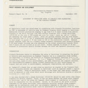 Assessment of Fertilizer Needs in Loblolly Pine Plantations in the Virginia Piedmont, 1969 (Charlottesville Research Center Research Report No. 36)