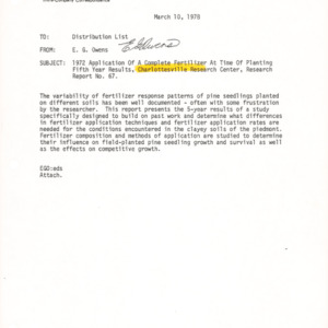 1972 Application of a Complete Fertilizer at Time of Planting Fifth Year Results, 1978 (Charlottesville Research Center Research Report No. 67)