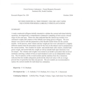 Revised Individual Tree Weight, Volume and Taper Equations for Rigesa Loblolly Pine Plantations, 2004 (Forest Science Laboratory - Forest Biometry Research Report No. 228)