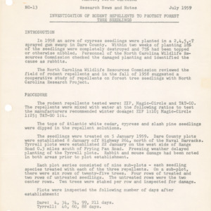 Investigation of Rodent Repellents to Protect Forest Tree Seedlings, 1959 (Manteo Research Center NC-13)