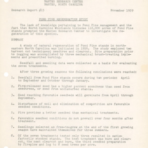 Pond Pine Regeneration Study, 1959 (Manteo Research Center Research Report No. 15)