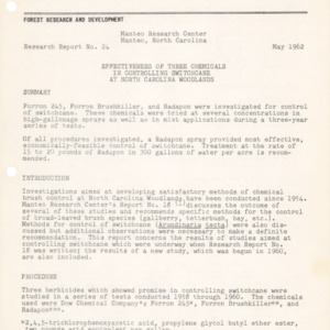 Effectiveness of Three Chemicals in Controlling Switchcane at North Carolina Woodlands, 1962 (Manteo Research Center Research Report No. 24)