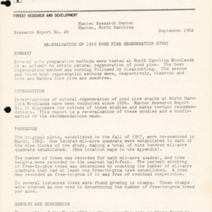 Re-Evaluation of 1959 Pond Pine Regeneration Study, 1962 (Manteo Research Center Research Report No. 26)