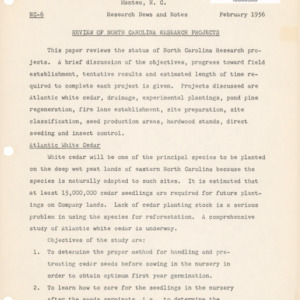 Review of North Carolina Research Projects, 1956 (NC-6 Research News and Notes, West Virginia Pulp and Paper Company North Carolina Research Project, Manteo, N.C.)