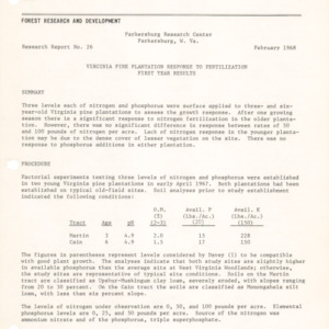 Virginia Pine Plantation Response to Fertilization First Year Results, 1968 (Parkersburg Research Center Research Report No. 26)