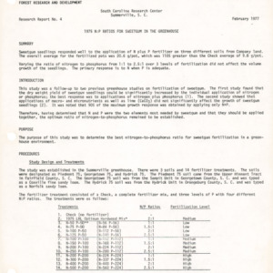 1975 N:P Ratios for Sweetgum in the Greenhouse, 1977 (South Carolina Research Center Research Report No. 4)