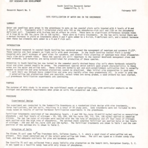 1975 Fertilization of Water Oak in the Greenhouse, 1977 (South Carolina Research Center Research Report No. 5)
