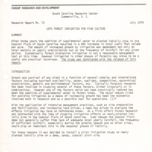 1975 Forest Irrigation for Pine Culture, 1978 (South Carolina Research Center Research Report No. 13)