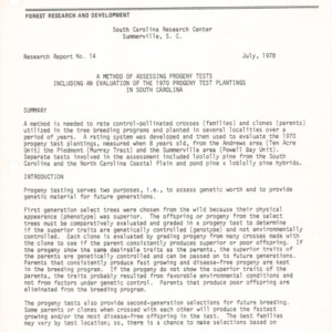 A Method of Assessing Progeny Tests Including an Evaluation of the 1970 Progeny Test Plantings in South Carolina, 1978 (South Carolina Research Center Research Report No. 14)