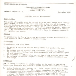 Chemical Aquatic Weed Control, 1960 (Summerville Research Center Research Report No. 4)