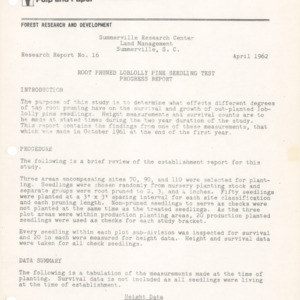 Root Pruned Loblolly Pine Seedling Test Progress Report, 1962 (Summerville Research Center Research Report No. 16)