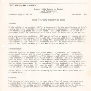 Crude Sulphate Turpentine Study, 1963 (Summerville Research Center Research Report No. 24)