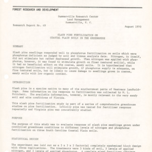 Slash Pine Fertilization on Coastal Plain, 1970 (Summerville Research Center Research Report No. 49)