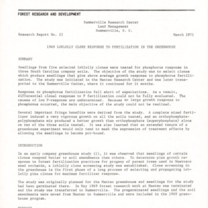 1969 Loblolly Clone Response to Fertilization in the Greenhouse, 1971 (Summerville Research Center Research Report No. 53)
