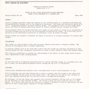 Effect of Mill Sludge Application on Pine Seedlings Grown in the Greenhouse on a Piedmont Soil, 1976 (Summerville Research center Research Report No. 82)