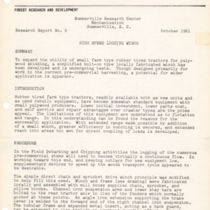 High Speed Logging Winch, 1961 (Summerville Research Center - Mechanization Research Report No. 6)