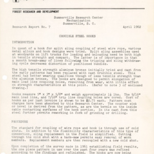 Crucible Steel Hooks, 1962 (Summerville Research Center - Mechanization Research Report No. 7)