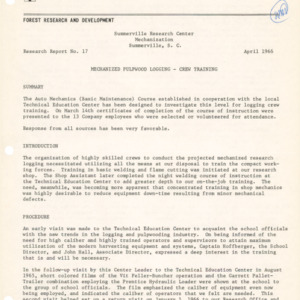 Mechanized Pulpwood Logging - Crew Training, 1966 (Summerville Research Center - Mechanization Research Report No. 17)