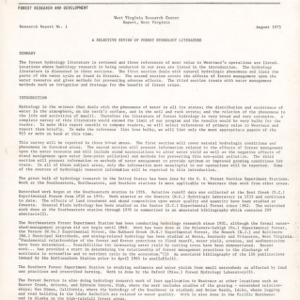 A Selective Review of Forest Hydrology Literature, 1975 (West Virginia Research Center, Research Report No. 1)