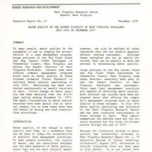 Water Quality on the Rupert District of West Virginia Woodlands July 1974 to December 1977, 1978 (West Virginia Research Center Research Report No. 13)