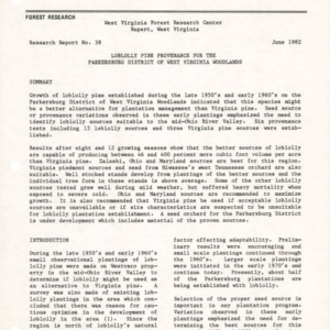 Loblolly Pine Provenance for the Parkersburg District of West Virginia Woodlands, 1982 (West Virginia Research Center Research report No. 38)
