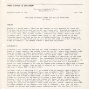Bore Hole and Punch Hammer Pine Release Techniques 1967 Study, 1968 (Westvaco Experimental Forest Research Report No. 144)