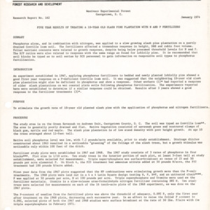 Five Year Results of Treating a 10-Year Old Slash Pine Plantation with N and P Fertilizers, 1974 (Westvaco Experimental Forest Research Report No. 162)