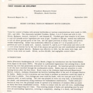 Kudzu Control Tests in Piedmont South Carolina, 1964 (Winnsboro Research Center Research Report No. 11)