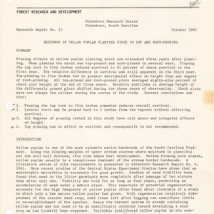 Response of Yellow Poplar Planting Stock to Top and Root-Pruning, 1965 (Winnsboro Research Center Research Report No. 13)