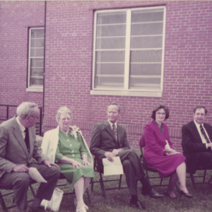 Mary Yarbrough and others outdoors at a groundbreaking ceremony, 1984