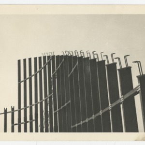Connected steel column and arch during construction of Dorton Arena, 1951-1952