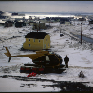 Landed helicopter, Maggie Island, circa 1976