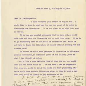 Correspondence to Dr. Albert Leffingwell, August 10, 1903